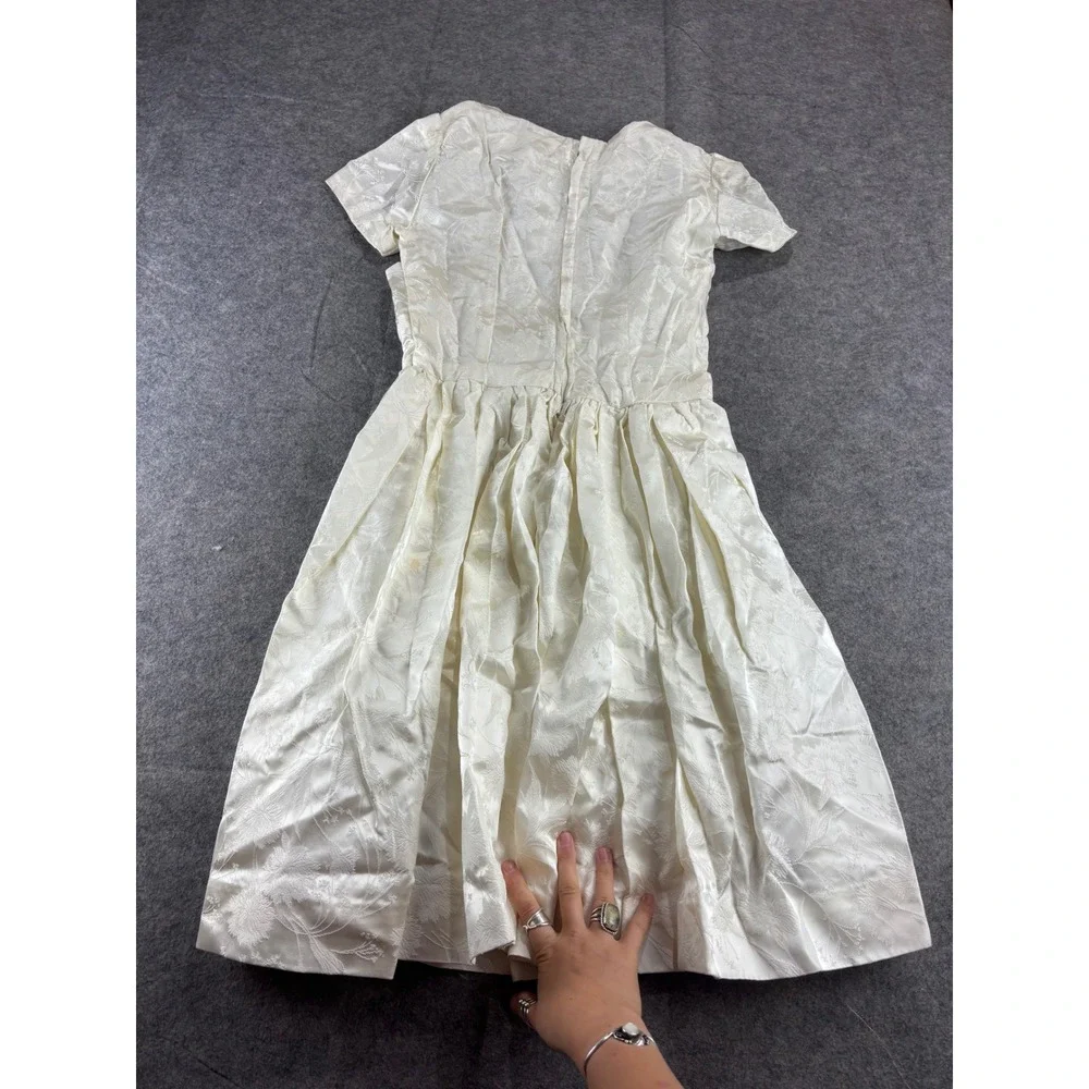VTG Handmade Cream Jacquard Floral Cummerbund Mini Dress XS? Wedding Chic Preppy